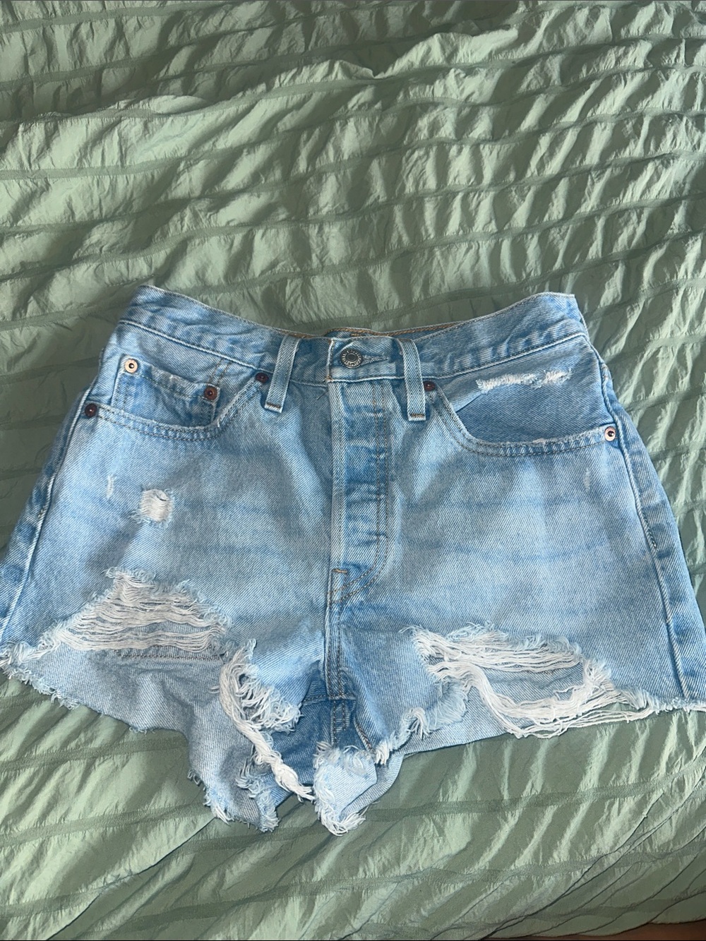 Levi's Light Blue Distressed High-Rise Denim Shorts